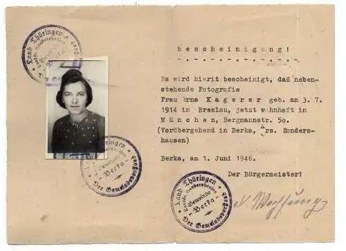 [Ansichtskarte] 0-5902 BERKA, VORLÄUFIGER PERSONALAUSWEIS, 1.6.1946. 