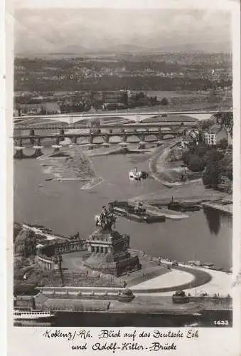 5400 KOBLENZ, Blick auf dDeutsches Eck und Adolf - Hitler - Brücke, Moselschwimmbad, 1940