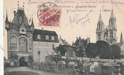 [Ansichtskarte] 0-8250 MEISSEN, Wagner's Weinschänke, Burgkeller Garten, Domtürme, 1909. 