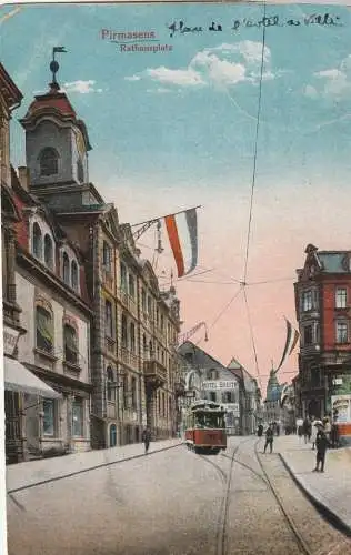 [Ansichtskarte] 6780 PIRMASENS, Rathausplatz, Kaiserfahnen, 1919. 
