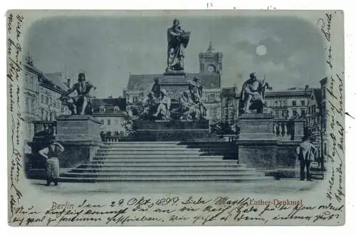 1000 BERLIN, Luther - Denkmal, Neuer Markt, Mondscheinkarte, 1899