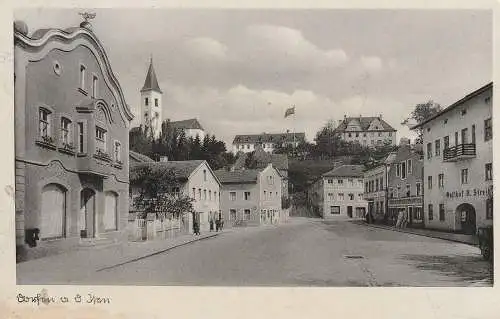 8250 DORFEN, Marktplatz, Gaststätte, NS-Beflaggung oberhalb, 1940