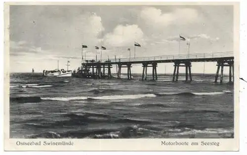 [Ansichtskarte] POMMERN - SWINEMÜNDE / SWINOUJSCIE, Seesteg, Motorbootanlegestelle, NS - Beflaggung, 1934. 