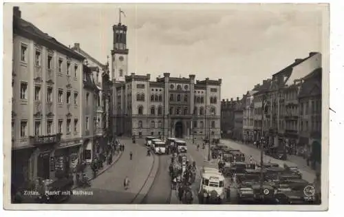 [Ansichtskarte] 0-8800 ZITTAU, Markt mit Rathaus, Omnibusse, Oldtimer, 1930, Verlag Wagner. 