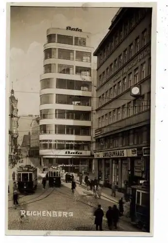 [Ansichtskarte] ARCHITEKTUR - BATA - Hochhaus, Linoleumhaus, Strassenbahnen - Reichenberg. 
