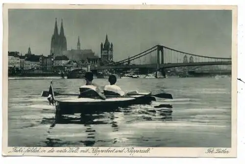[Ansichtskarte] WASSERSPORT - WERBE - KARTE KLEPPERBOOTE und KLEPPERZELTE, Paddelboot vor Köln. 