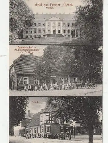 [Ansichtskarte] 0-2821 PRITZIER, Gastwirtschaft / Kolonialwarenhandlung Kirst, Schule, Schloß, 1916, Verlag Weil. 
