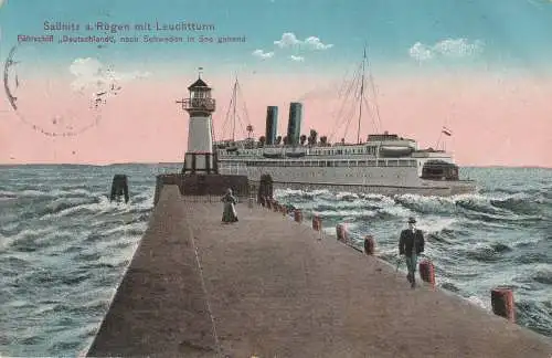 [Ansichtskarte] 0-2355 SASSNITZ / RÜGEN, Fährschiff "DEUTSCHLAND", Leuchtturm, 1913. 