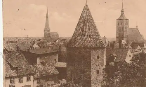 [Ansichtskarte] 0-2500 ROSTOCK, Stadtmauerturm, Petri- und Nikolaikirche, 1918. 