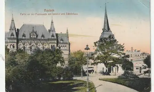 [Ansichtskarte] 0-2500 ROSTOCK, Promenade mit Steintor und Ständehaus, 1917. 