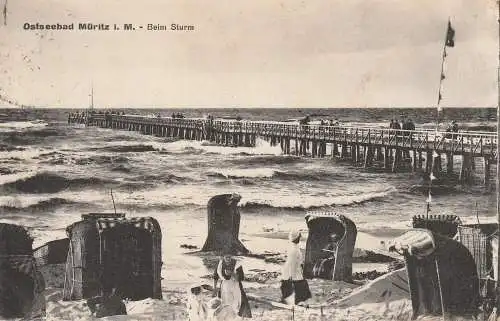 0-2553 GRAAL - MÜRITZ, Seesteg / Strand im Sturm, 1928