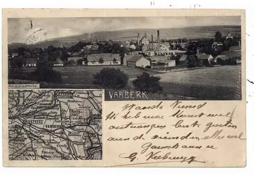 [Ansichtskarte] BÖHMEN & MÄHREN - WAMBERG / VAMBERK, Ortsansicht mit Fabrik, Landkarte, 1903. 