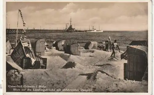 [Ansichtskarte] 2433 GRÖMITZ, Landungsbrücke, Dampfer, Strandkörbe, 1935. 