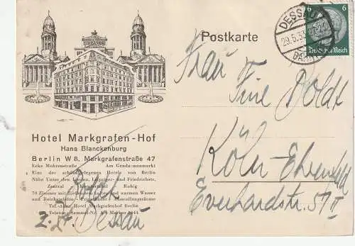 1000 BERLIN, Hotel "Markgrafen - Hof", Postkarte 1933