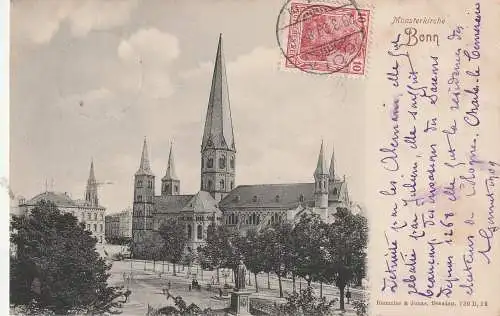 [Ansichtskarte] 5300 BONN, Münsterplatz, Beethovendenkmal, Münsterkirche, 1909. 