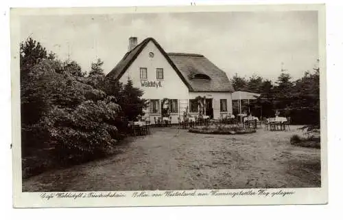 [Ansichtskarte] 2280 SYLT - WESTERLAND, Cafe Waldidyll in Friedrichshain, Werbe-Karte an Kurgast Villa Bismarck, 1933. 