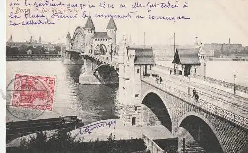[Ansichtskarte] 5300 BONN, Rheinbrücke, Beueler Seite, 1909. 