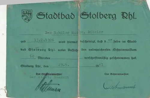 [Ansichtskarte] 5190 STOLBERG, Stadtbad Stolberg, Schwimmzeugnis 1941. 