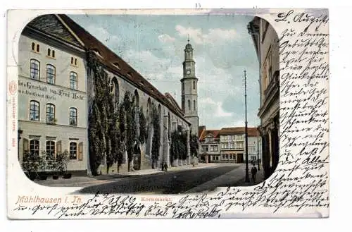 [Ansichtskarte] 0-5700 MÜHLHAUSEN, Kornmarkt, Geschäft von Fried. Hecht, 1906. 