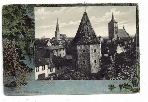[Ansichtskarte] 0-2500 ROSTOCK, lagerbuschturm, Petrikirche im Passepartoutrahmen, ca. 1905. 