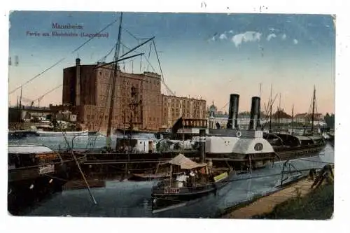 [Ansichtskarte] BINNENSCHIFFE - RHEIN, Frachtschiffe im Mannheimer Hafen, 1916. 