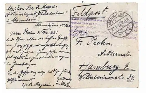 [Ansichtskarte] 6800 MANNHEIM, Postgeschichte, Feldpost 1917, Lazarett Theresienhaus, Lebensmittelhinweis. 