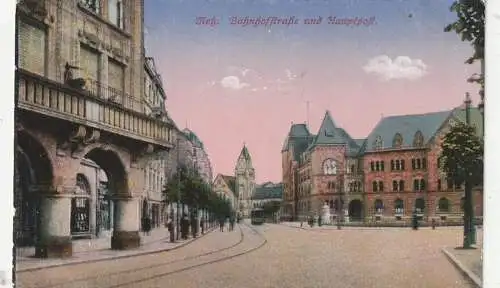 [Ansichtskarte] F 57000 METZ, Bahnhofstrasse und Hauptpost, 1916, deutsche Feldpost, Lazarett Monteningen / Montigny-les-Metz. 