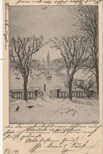 [Ansichtskarte] 2000 HAMBURG - UHLENHORST, Winterabend auf der Uhlenhorst, 1914, Künstler-AK, Druckstelle. 