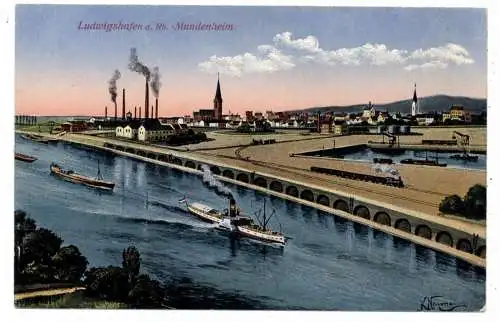 [Ansichtskarte] 6700 LUDWIGSHAFEN - MUNDENHEIM, Blick auf die Fabriken, Frachtschiffe, 1919. 
