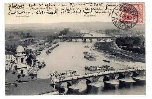 [Ansichtskarte] 0-8000 DRESDEN, Augustusbrücke, Marienbrücke, Elbe-Schwimmbäder, 1909. 