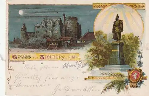 [Ansichtskarte] 5190 STOLBERG, Litho 1898, Kaiser Wilhelm Denkmal, Burg Stolberg, Verlag Bomnüler. 