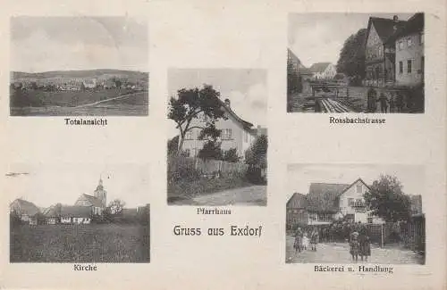 0-6101 GRABFELD - EXDORF, Bäckerei, Rossbachstrasse, Kirche, Pfarrhaus, Gesamtansicht, 1911