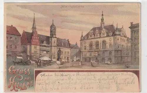 [Ansichtskarte] 0-4000 HALLE / Saale, Lithographie 1899,  Marktplatz. 