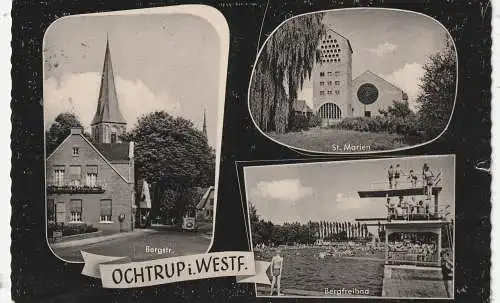 4434 OCHTRUP, Bergstrasse, Bergfreibad, Kirche St. Marien, 1960