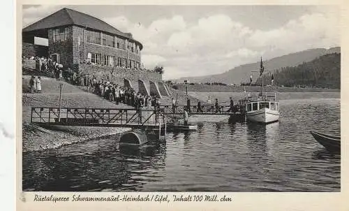 [Ansichtskarte] 5169 HEIMBACH, Schwammenauel, Seehof, wartende Schiffspassagiere, 1952. 