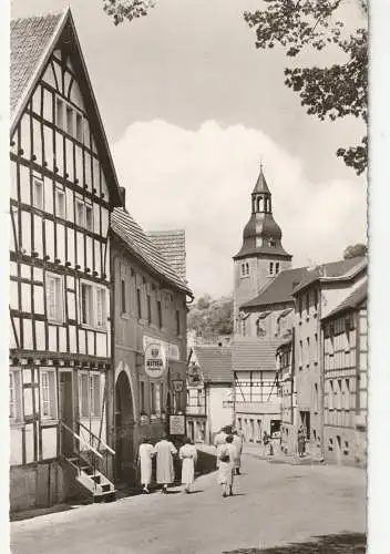 [Ansichtskarte] 5169 HEIMBACH, Strassenpartie am Hotel Burghof Fraikin, RITTER - Bier, St. Clemens Kirche, 1959. 