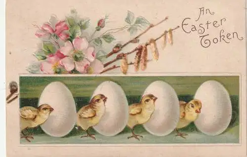 [Ansichtskarte] OSTERN / EASTER GREETING / PAQUES - 4 Küken & 4 Eier, Präge - Karte / embossrd / relief, 1908. 