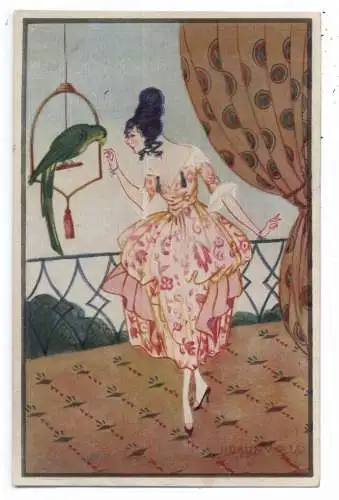 KÜNSTLER - ARTIST - HORUNWALD, Jugendstil, Dame mit Papagei, Verlag NPG
