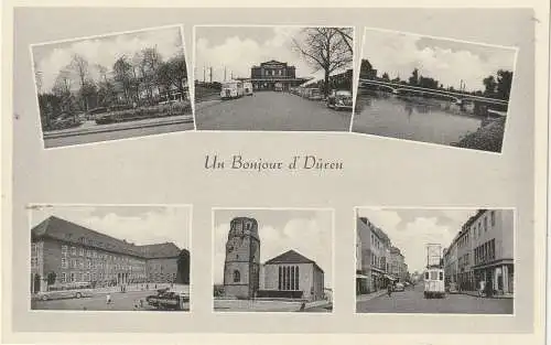 [Ansichtskarte] 5160 DÜREN, "Un Bonjour d' Düren, 6 Ansichten 50er Jahre, Bahnhof, VW-Käfer, Strassenbahn.... 