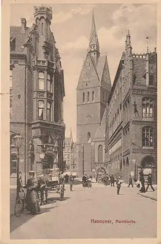 [Ansichtskarte] 3000 HANNOVER, Marktkirche, belebte Szene, Radfahrerin, Fuhrwerk, 1912. 