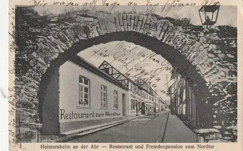 [Ansichtskarte] 5483 BAD NEUENAHR - AHRWEILER - HEIMERSHEIM, Restauration / Pension zum Nordtor, Landpoststempel Merbeck über Erkelenz, 1939. 