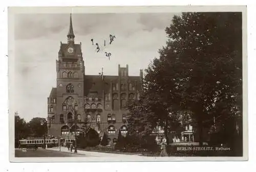 1000 BERLIN - STEGLITZ, Rathaus, Strassenbahn, 1928, AK nach Frankreich in Geheimschrift