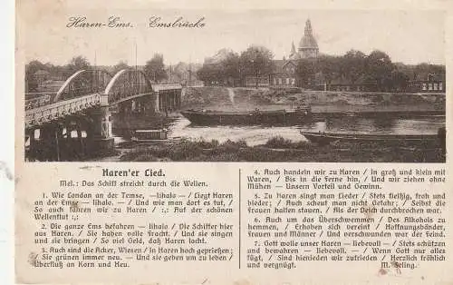 [Ansichtskarte] 4472 HAREN / Ems, Emsbrücke, Frachtschiffe, Haren'er Lied, 1930. 
