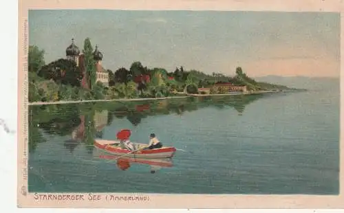 [Ansichtskarte] 8193 MÜNSING - AMMERLAND, Ruderpartie auf dem Starnberger See, Lithographie Zieher - München. 