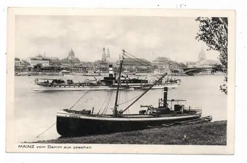 [Ansichtskarte] BINNENSCHIFFE - RHEIN, Schaufelraddampfer "MOLTKE" vor Mainz, im Vordergrund Frachtschiff "WORMS II", 1916. 