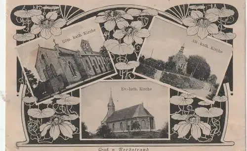 [Ansichtskarte] 2251 NORDSTRAND, 3 Kirchenansichten, Jugendstilornamente, 1910, Brfm. fehlt. 