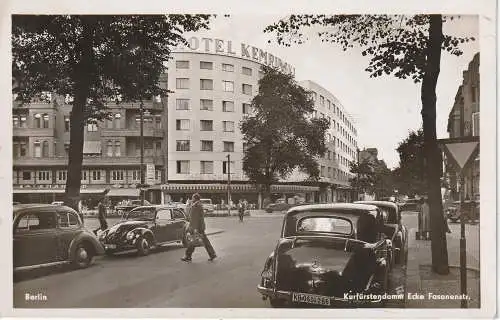 1000 BERLIN - CHARLOTTENBURG Kurfürstendamm / Ecke Fasanenstrasse, Hotel KEMPINSKI, MERCEDES - BENZ, VW - Käfer, 1952