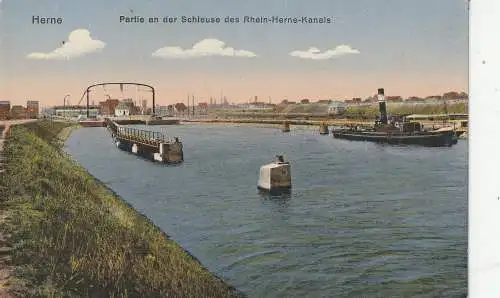 [Ansichtskarte] 4690 HERNE, Schleuse am Rhein - Herne - Kanal, Schlepper. 