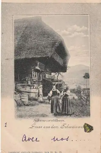 TRACHTEN - SCHWARZWÖLDER TRACHTEN / SCHWARZWALDHAUS, 1900, Verlah Lux. graph. Kunstanstalt / Bernhoeft, min. Einriss