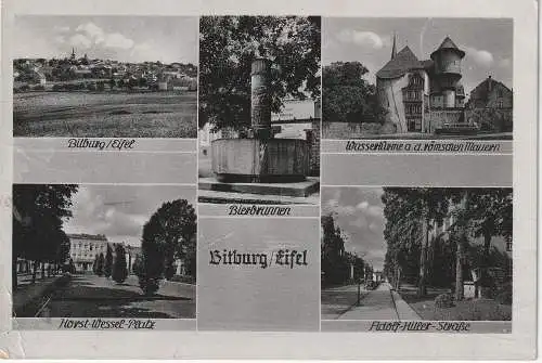 [Ansichtskarte] 5520 BITBURG, Adolf Hitler Strasse / Horst Wessel Platz / Wassertürme, Bierbrunnen..., 1941, deutsche Feldpost. 